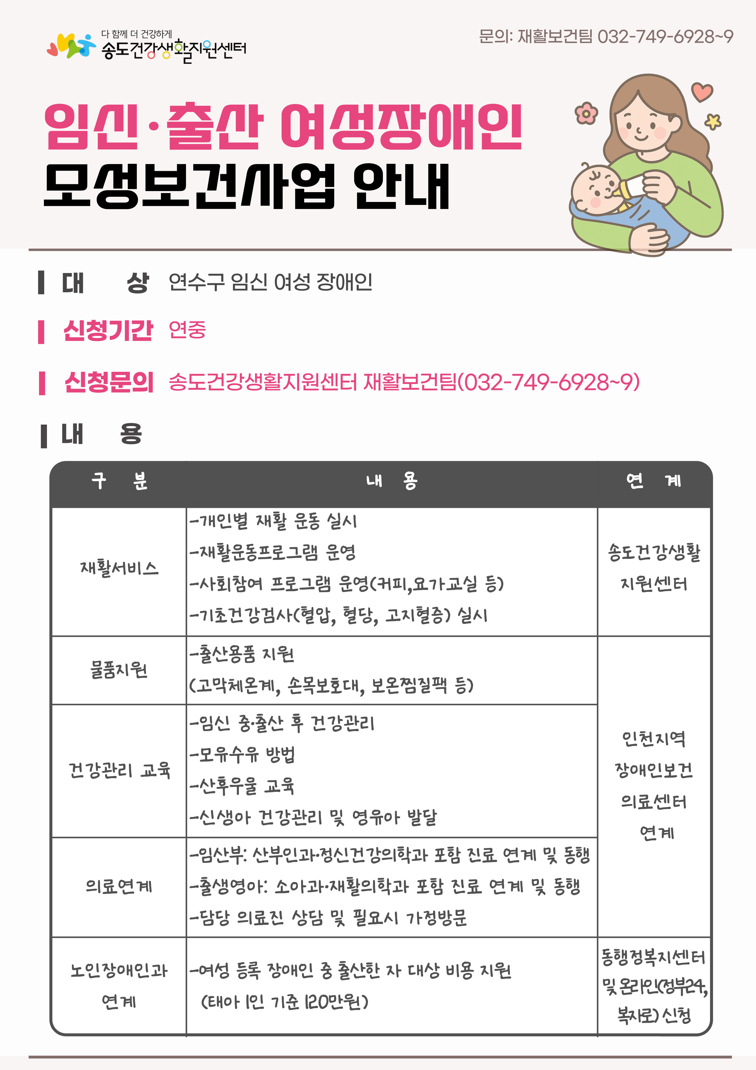 연수구 송도건강생활지원센터는 지역 내 임신·출산 여성장애인을 대상으로 재활부터 의료기관 연계까지 다양한 모성보건 서비스를 제공한다